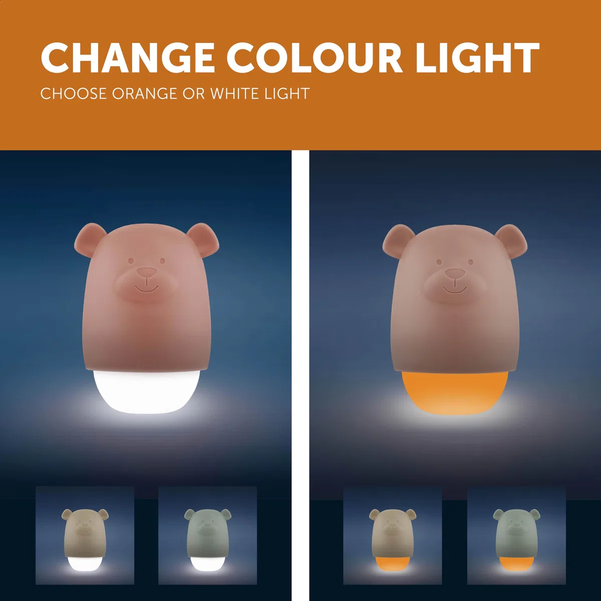 ZAZU Benny Luce notturna per bambini con sensore crepuscolare – Ricaricabile | Accensione automatica | Luce bianca e arancione | Portatile e presa | Batteria fino a 70 ore | Modalità viaggio | Lampada