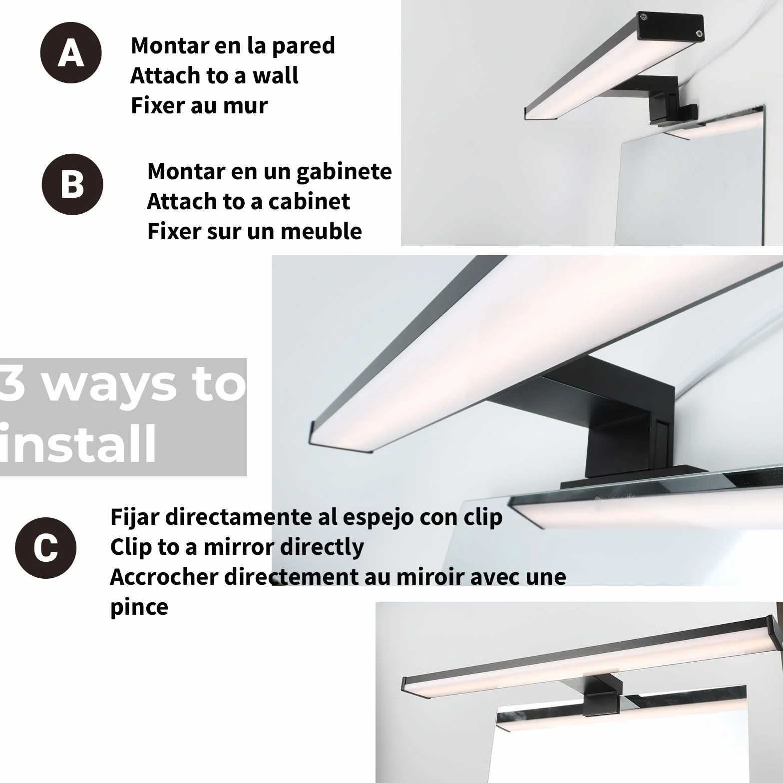 Alpinaluz Applique LED da Specchio Nero per Bagno – 4000K Luce Bianca Neutra – IP44 – Struttura in Alluminio e Supporti in Policarbonato – Installazione su Specchio, Muro o Mobile (40cm 10W)