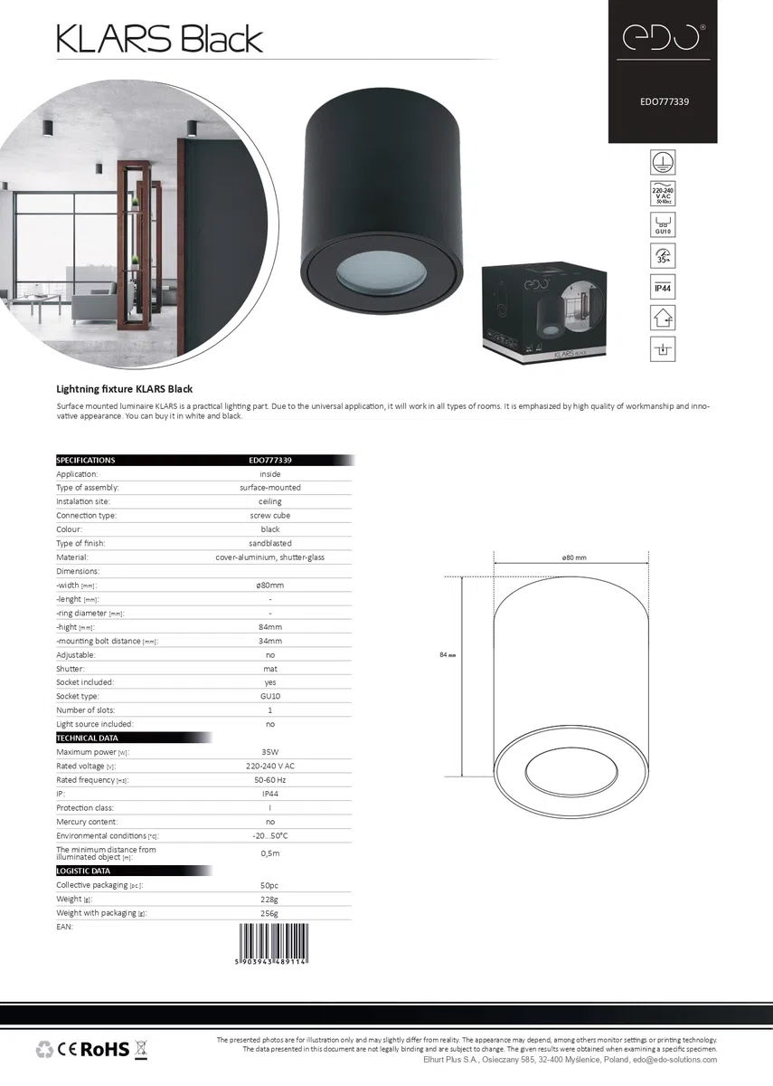 EDO Faretto da Soffitto Nero GU10 Ø80x84 mm Rotonda KLARS - Plafoniera da Superficie Moderna Tondo Allumionio - Impermeabile IP44 230V - Lampada da Soffitto - Illuminazione per Bagno