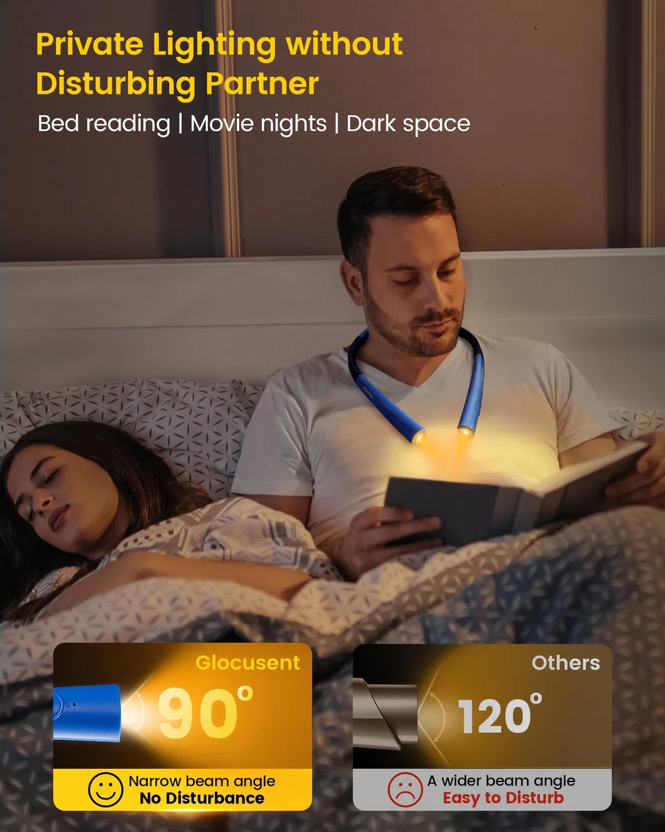 Glocusent LED Luce Lettura Collo, Luce per Lettura Libri a Letto, Timer 30min., 3 Colori & 3 Intensità Regolabili, Ricaricabile & Duratura, Ideale per Leggere, Sferruzzare, Riparare