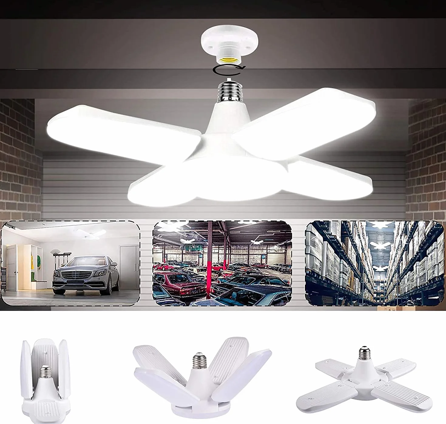 Plafoniera Led Soffitto Garage, E27/E26 80W 8000LM Lampada da Negozio Deformabile con 4 Pannelli Regolabili Plafoniera LED per Garage, Magazzino, Officina, Cantina, Palestra, Cucina