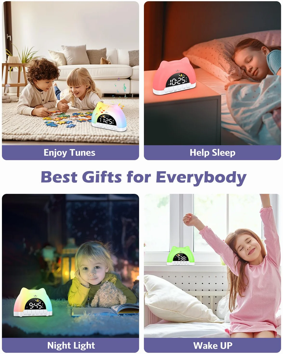 Sveglia Bambini Giorno Notte, Sveglia da Comodino con Luce Notturna a 11 Colori RGB, Snooze, 2 Allarmi, Sveglia Digitale per Bambini con Luna e Sole, Addestratore del Sonno per Bambini