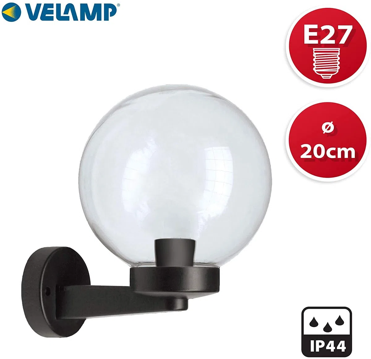 Velamp Applique da esterno con sfera trasparente - Impermeabile (IP65) – Attacco lampadina grande E27 – Ideale per montaggio all’esterno
