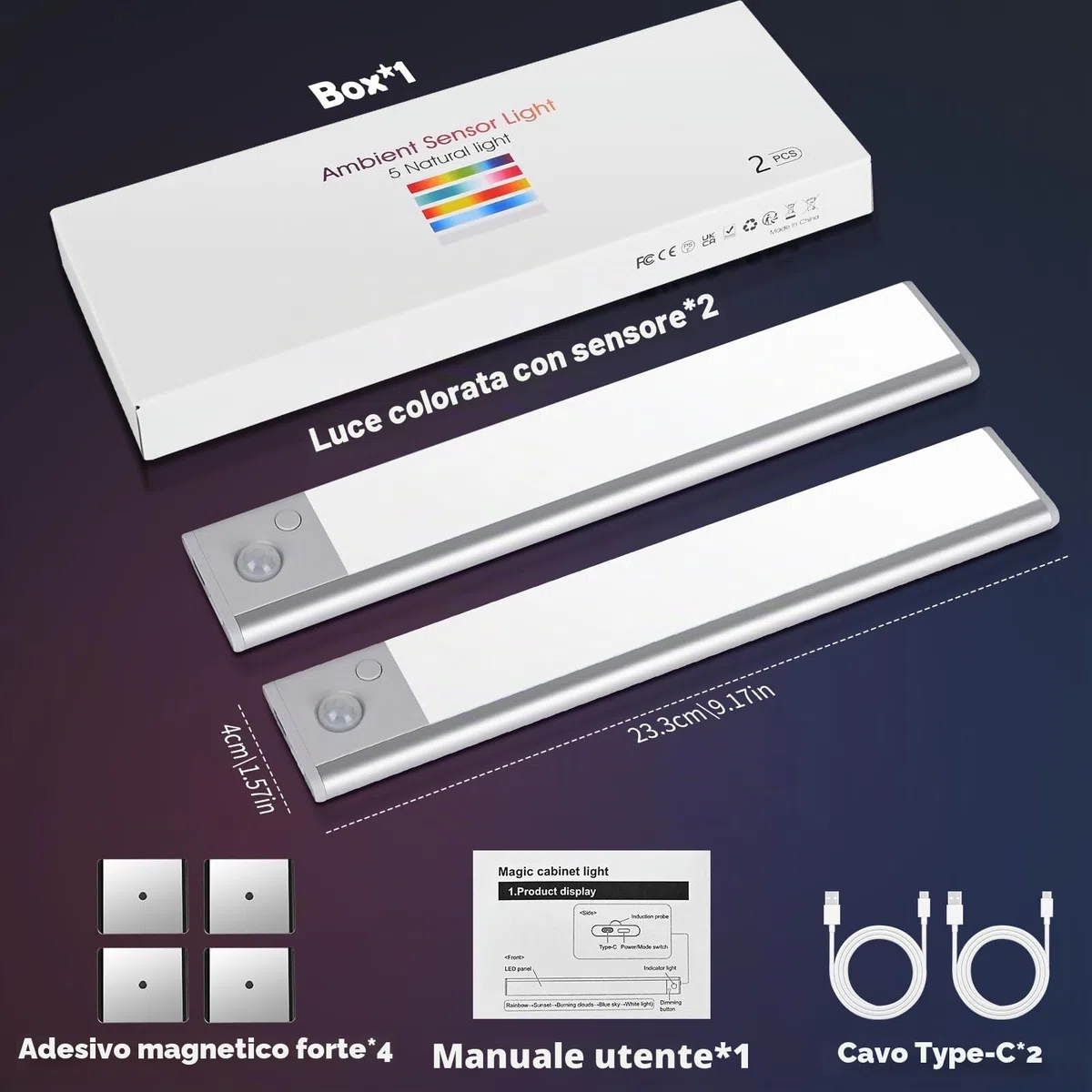 Euakee 2 Pezzi 23CM RGB IC LED Lightbar Senza Fili con Rilevatore di Movimento, Luce Sotto Armadio Cucina Dimmerabile, Barra Luminosa Ricaricabile USB Luce Notturna per Camera da Letto Decorazione