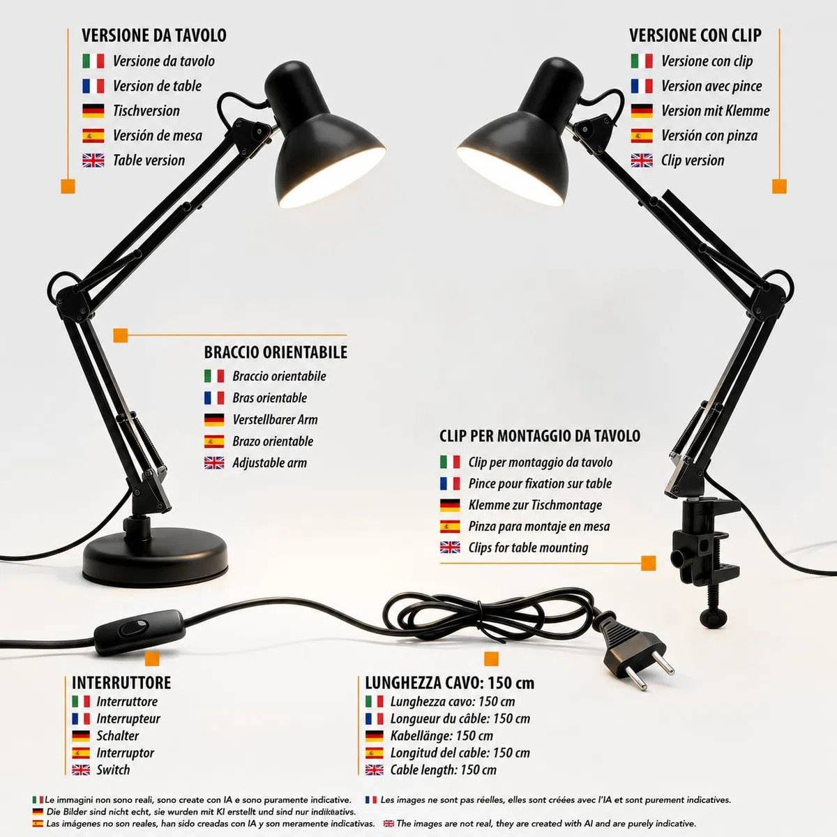 VELAMP - Lampada da Tavolo con Braccio Regolabile Charleston XL, Lampada da Scrivania Design Moderno, Abat Jour da Comodino per Lettura con Pinza da Tavolo - Attacco Lampadina E27, Cavo 150cm - Nera
