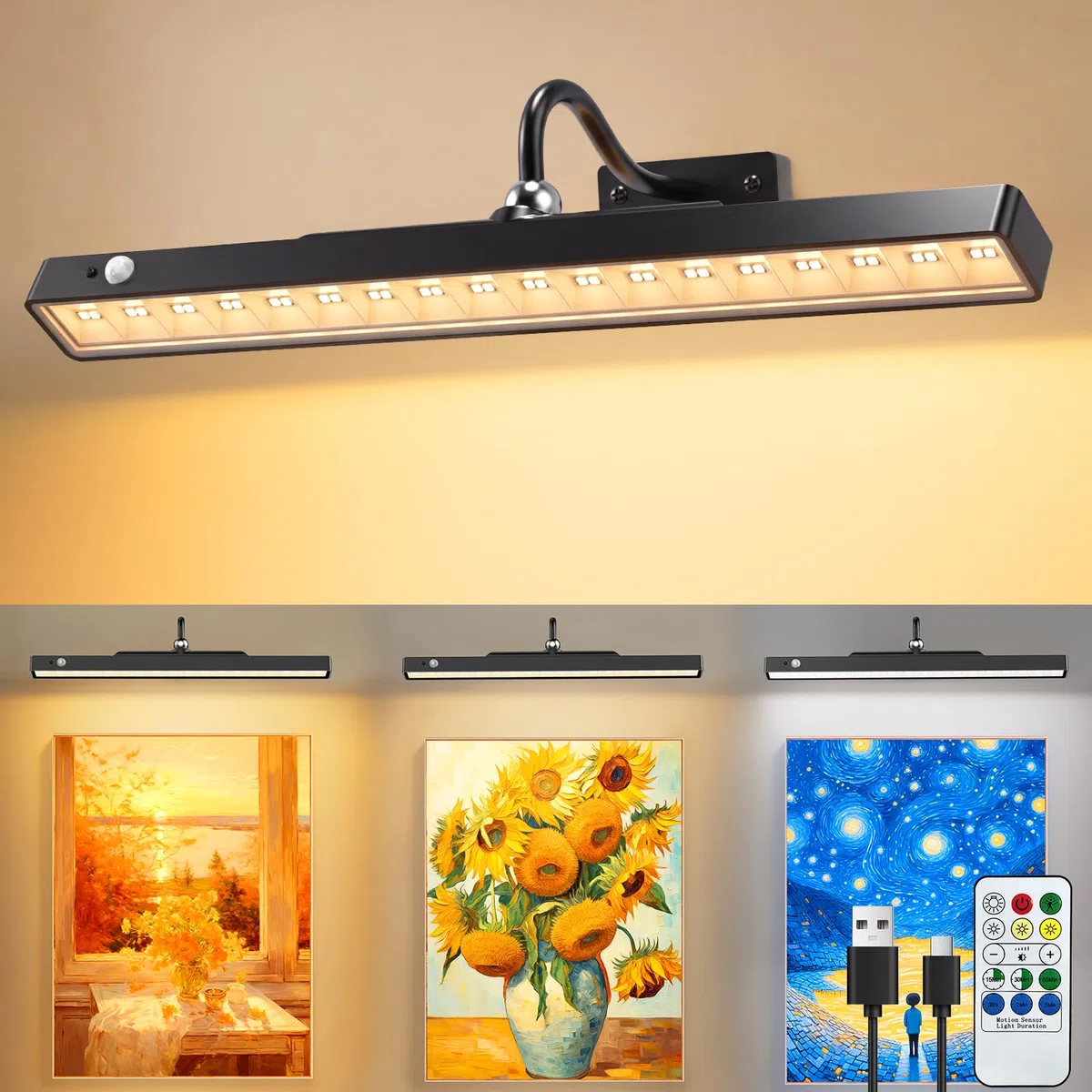 Lampada Da Parete Ricaricabile Senza Fili Per Quadri, 6000 Mah Batteria, Luci Led Applique Con 3 Temperature Di Colore, Telecomando, Lampada Da Parete A Batteria Per Quadri, Freccette, Gallerie D'Arte