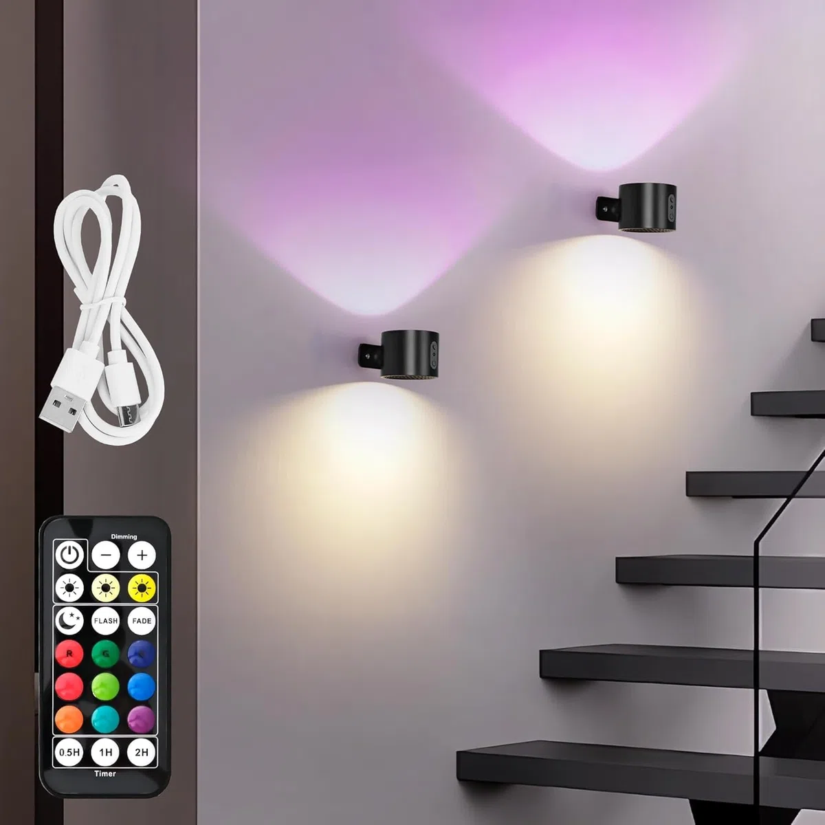 Set 2 Applique da Parete Senza Fili Ricaricabile LED per Interni, Nero, Lampada da Parete RGB 7 Colori Dimmerabile con Telecomando, Touch e Timer, per Camera da Letto Bagno e Cucina