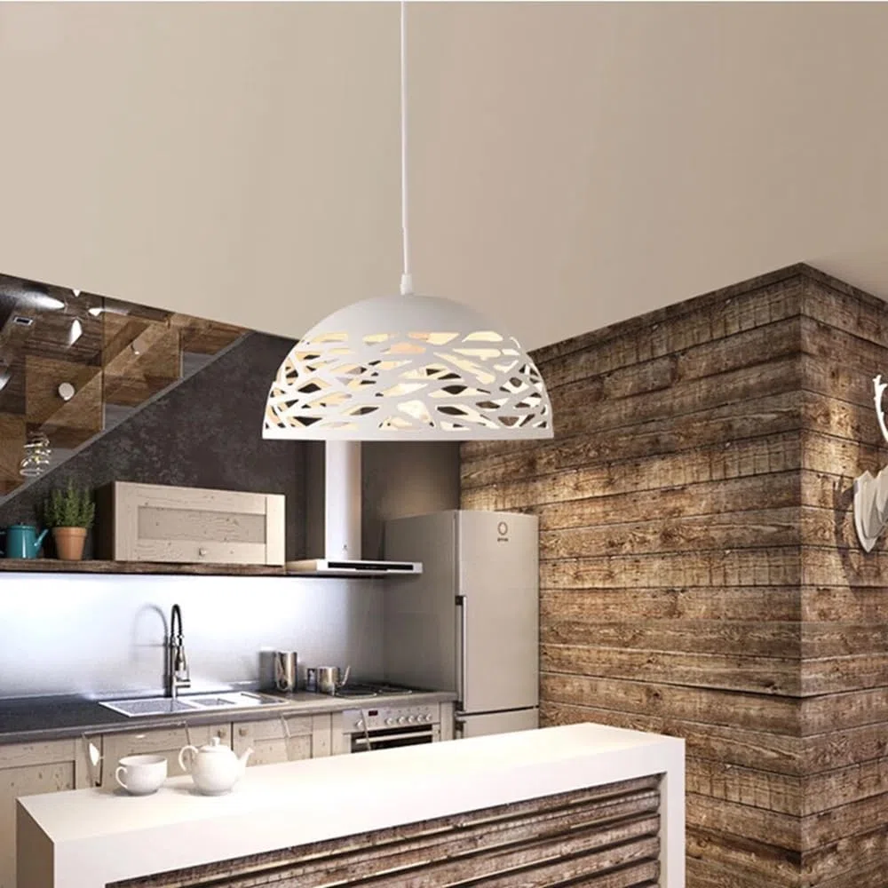 Partenopea Lampadario a Sospensione da Soffitto E27 in Ferro Verniciato, Paralume Traforato Design Moderno, Ø35xH26 cm, Filo 120 cm, per Cucina, Soggiorno, Locali, Lampadina non Inclusa (Bianco)