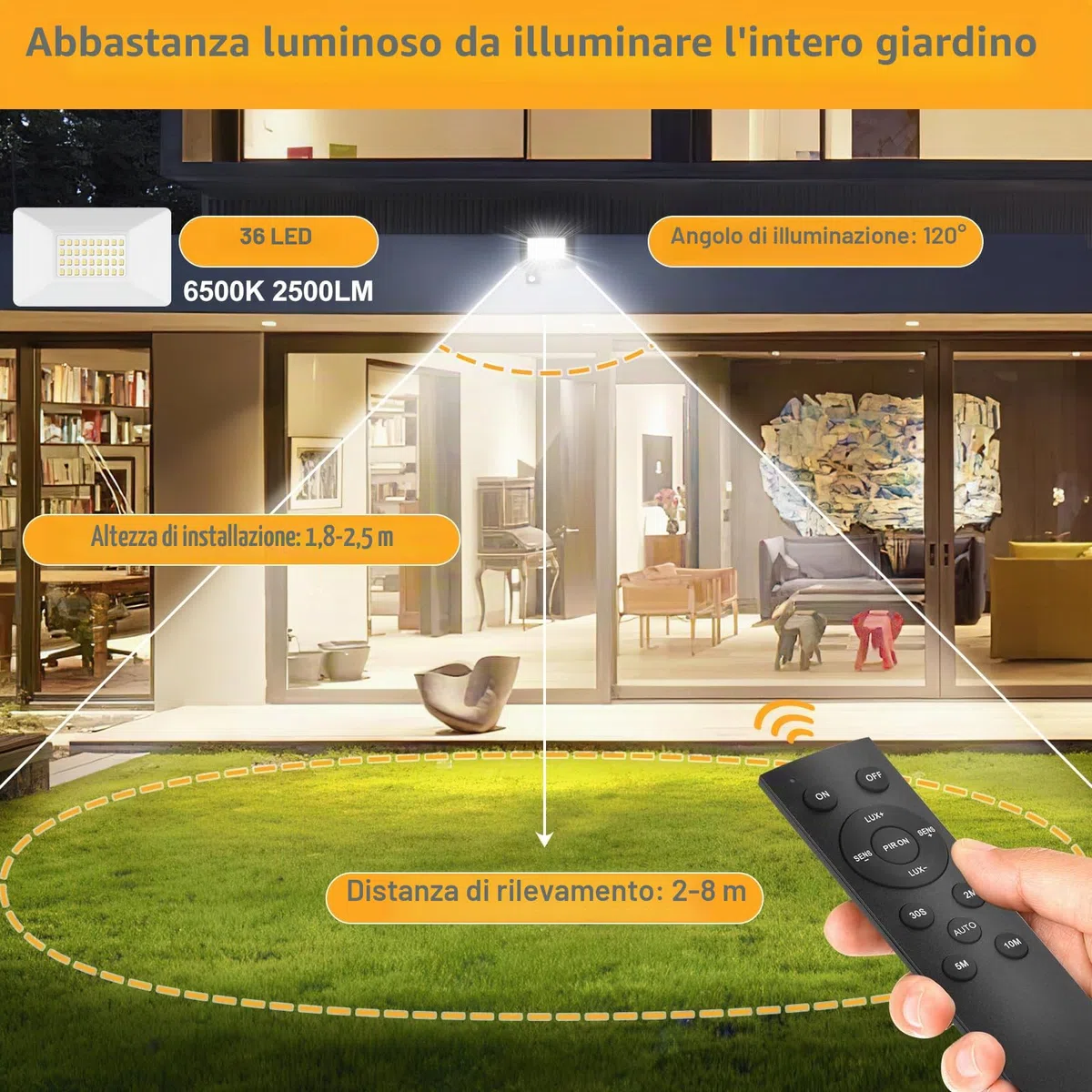 30W Faretto LED da Esterno con Sensore di Movimento - 2 Pezzi Bianca Fredda 6500K - Modalità Regolabili Interno Faro con Telecomando, IP66 Impermeabile Faretti Lampioni per Giardino Cortili Garage