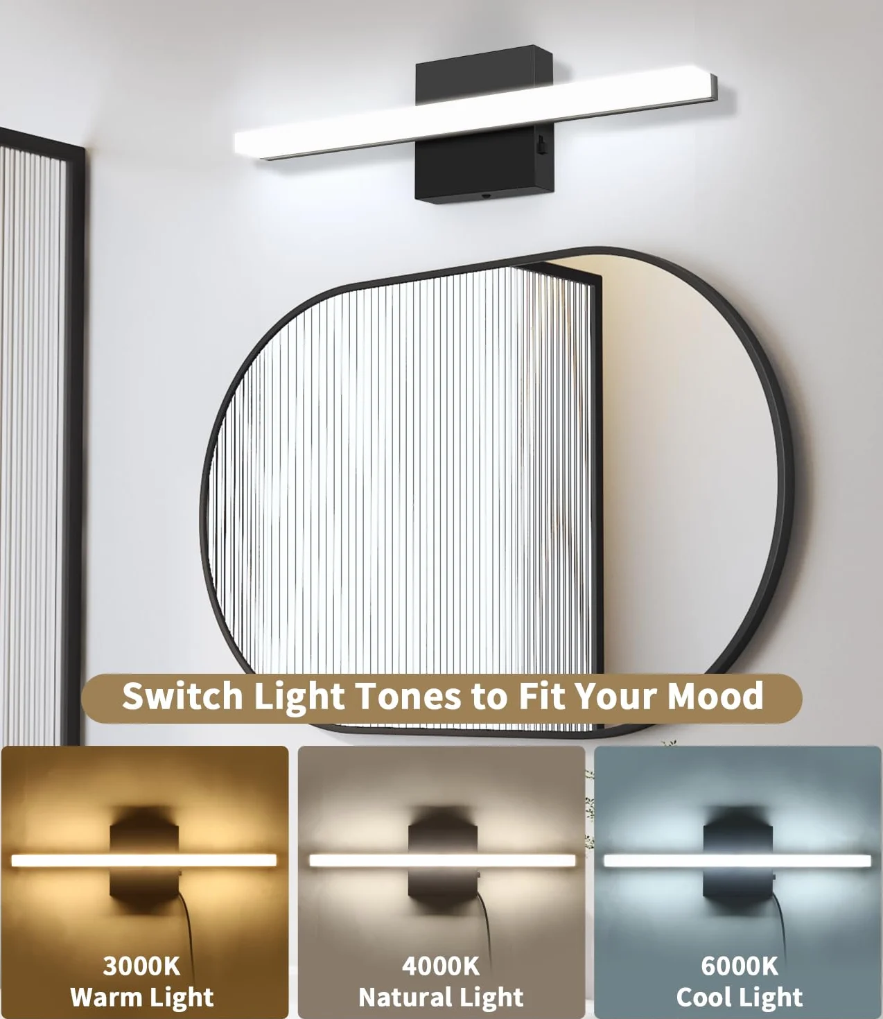 Lampada da Specchio Bagno 40CM, LED 3000-6000K con Interruttore Temperatura, Applique Moderna con Schermo Acrilico, Risparmio Energetico e Durevole, Design Moderno per un’Atmosfera Accogliente