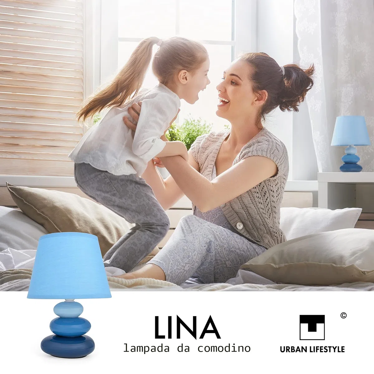 Urban Lifestyle Lampada da Comodino Lina(Blu) Lampada da Tavolo in Ceramica con Paralume in Tessuto, LED Adatto, E14, Lampada da Tavolo in Ceramica 230V, Lampada da Comodino