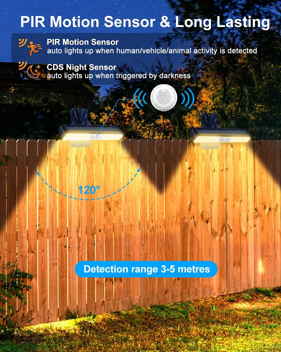 Luci Solari da Giardino, 2 pezzi Clip a Faretti Solari LED Esterno con Sensore di Movimento, IP65 Impermeabile 3 Modalità Lampade Solari Luce Calda Illuminazione per Giardino,Patio,Recinzione