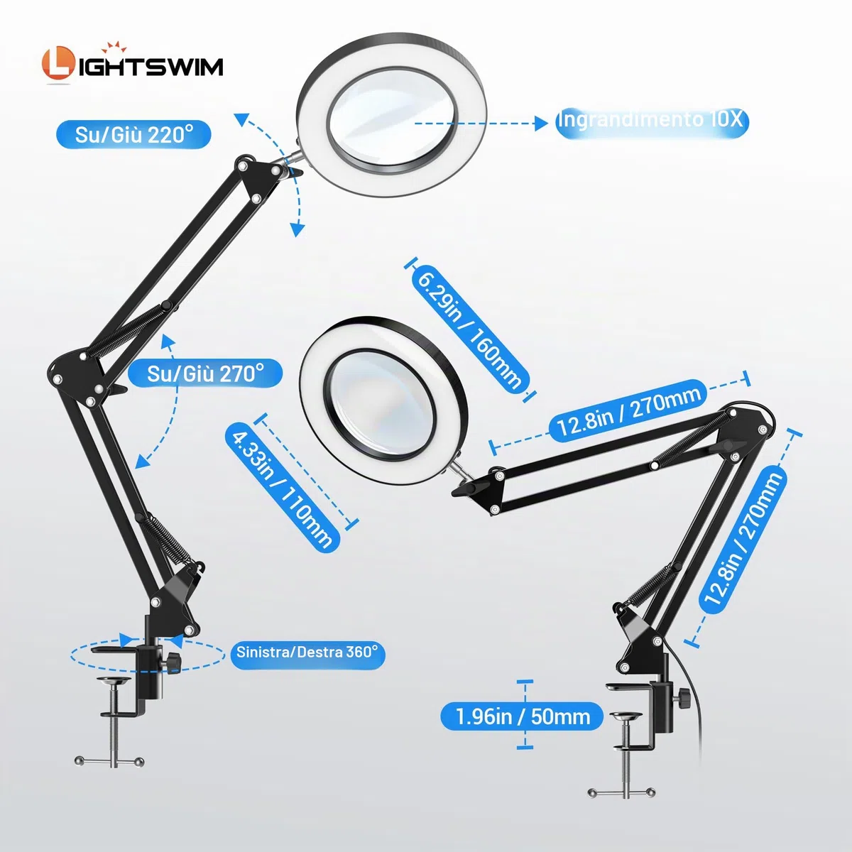 Lampada da scrivania con lente d'ingrandimento a LED 10X con morsetto, lente d'ingrandimento a mani libere con 72 LED, 3 modalità di colore, dimmerabile continuamente, include due lenti di