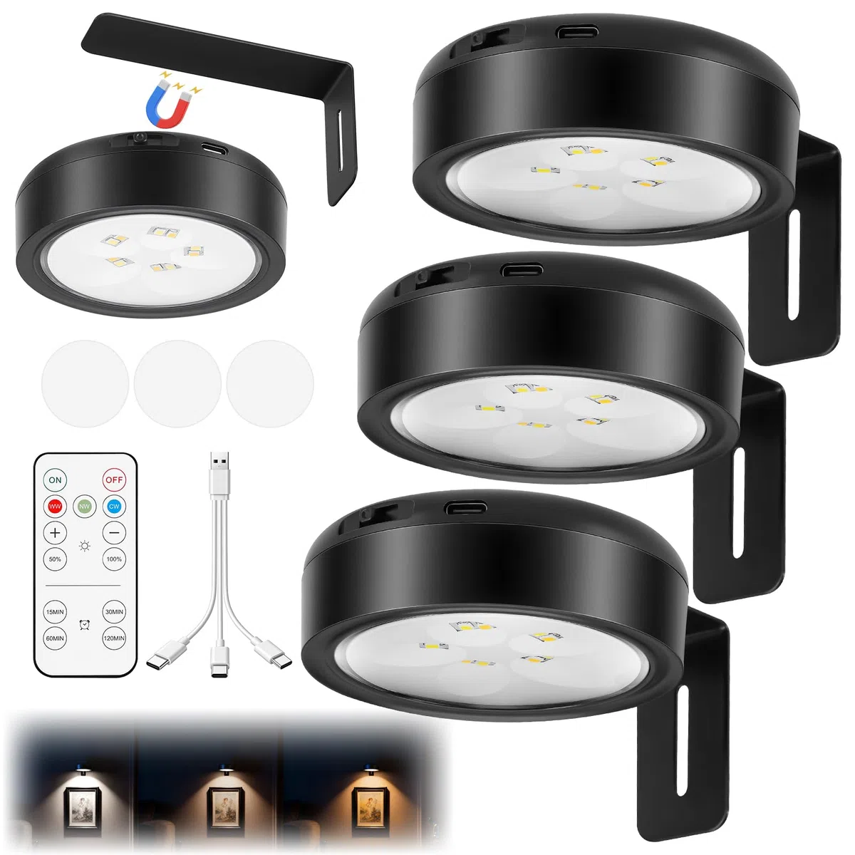 Starvortex 3 Pezzi Luci per Quadri LED Senza Fili a Batteria Ricaricabile, Lampada da Parete con Telecomando e Cavo di Ricarica 3-in-1, 2600mAh - Illuminazione Interna per Sottopensile Cucina (Nero)