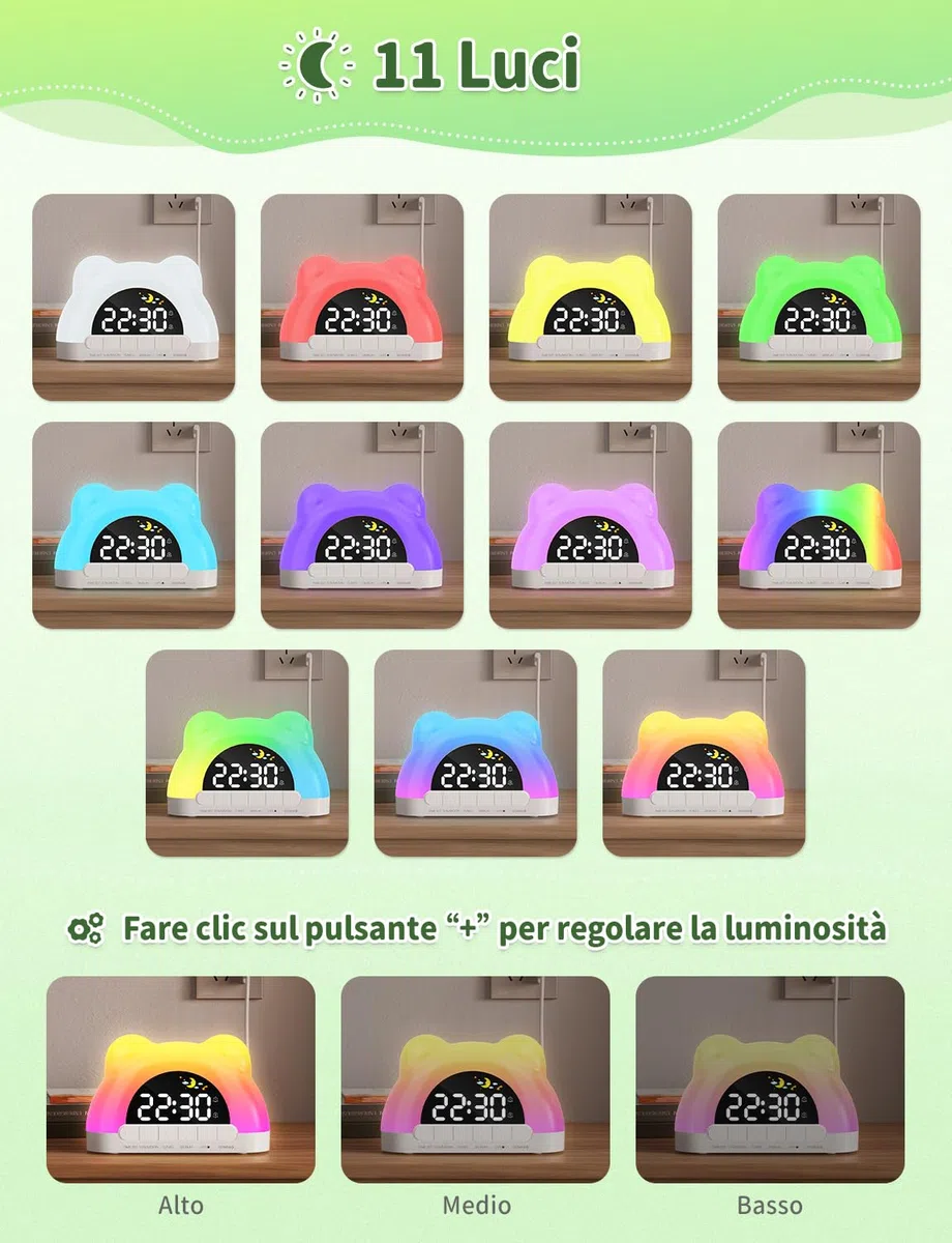 Sveglia Digitale per Bambini 12/24 Ore, Sveglia da Comodino con 11 RGB Luce, 5 Livelli di Luminosità, Doppia Modalità Giorno/Notte, per Allenamento del Sonno