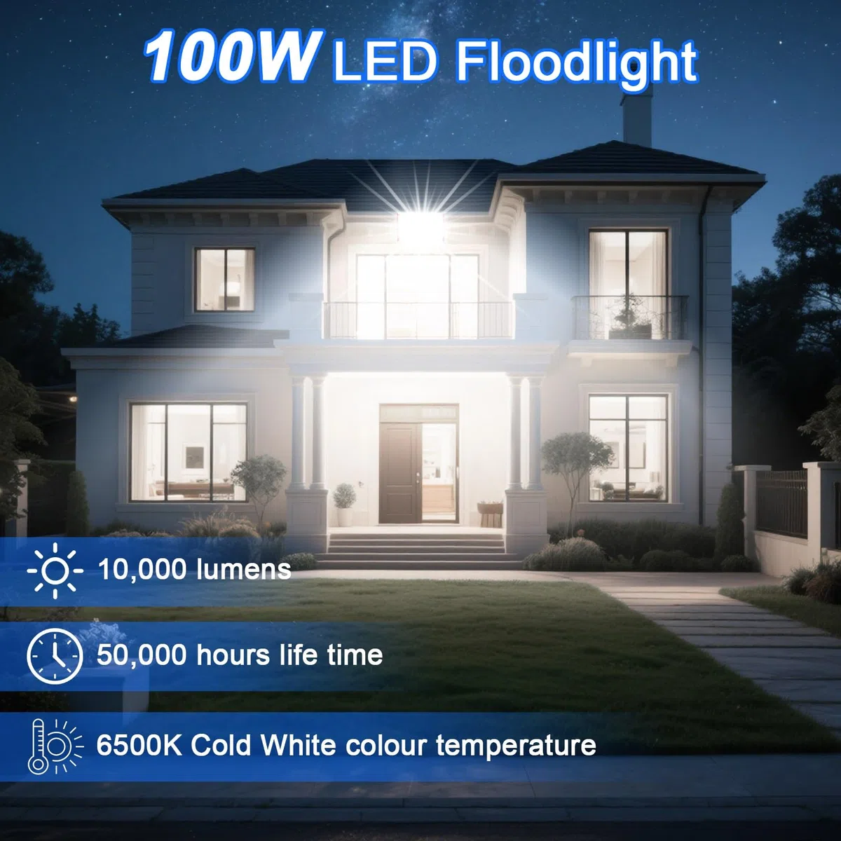CREATESTAR Faretto Led da Esterno 10000LM 100W, Faretti Led Esterni 6500K luce bianca fredda, 1 Pezzi IP66 Impermeabile Faro Esterno per magazzino giardino garage campo sportivo cortile