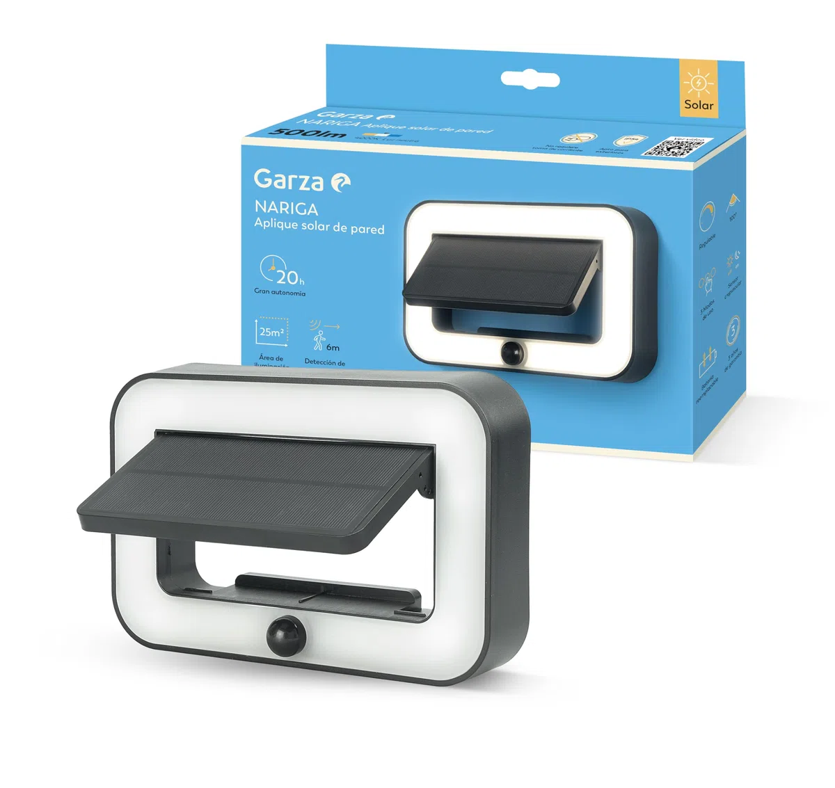 Garza Applique da esterno solare LED 500 lm, 4000 K, con sensore di movimento 3 modalità, IP54, 20 ore di autonomia, illuminazione da esterno per giardino e terrazzo. Installazione a parete