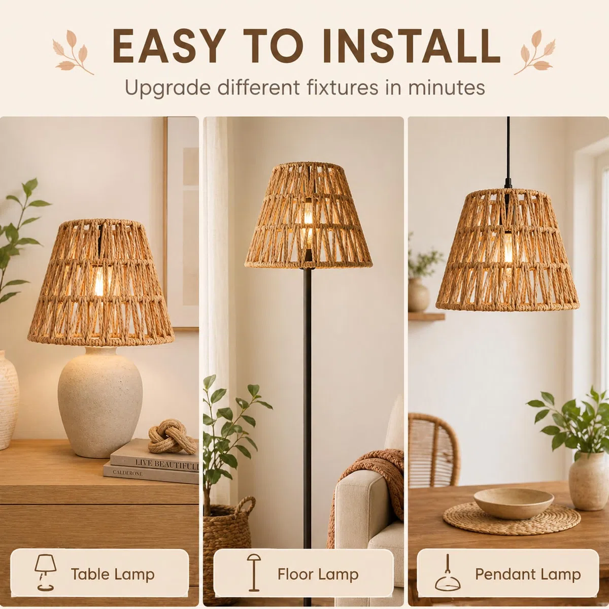 4 Pezzi Paralume in Rattan Naturale: Paralume in Stile Boho Rattan, Semplice Montaggio E Lunga Durata, Paralumes Rattans Intrecciato Lampada per Lampadario Soffitto Lampada Da Tavolo Lampade