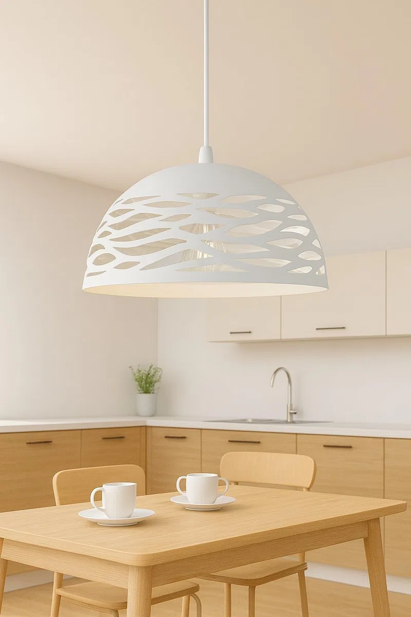 Partenopea Lampadario a Sospensione da Soffitto E27 in Ferro Verniciato, Paralume Traforato Design Moderno, Ø35xH26 cm, Filo 120 cm, per Cucina, Soggiorno, Locali, Lampadina non Inclusa (Bianco)