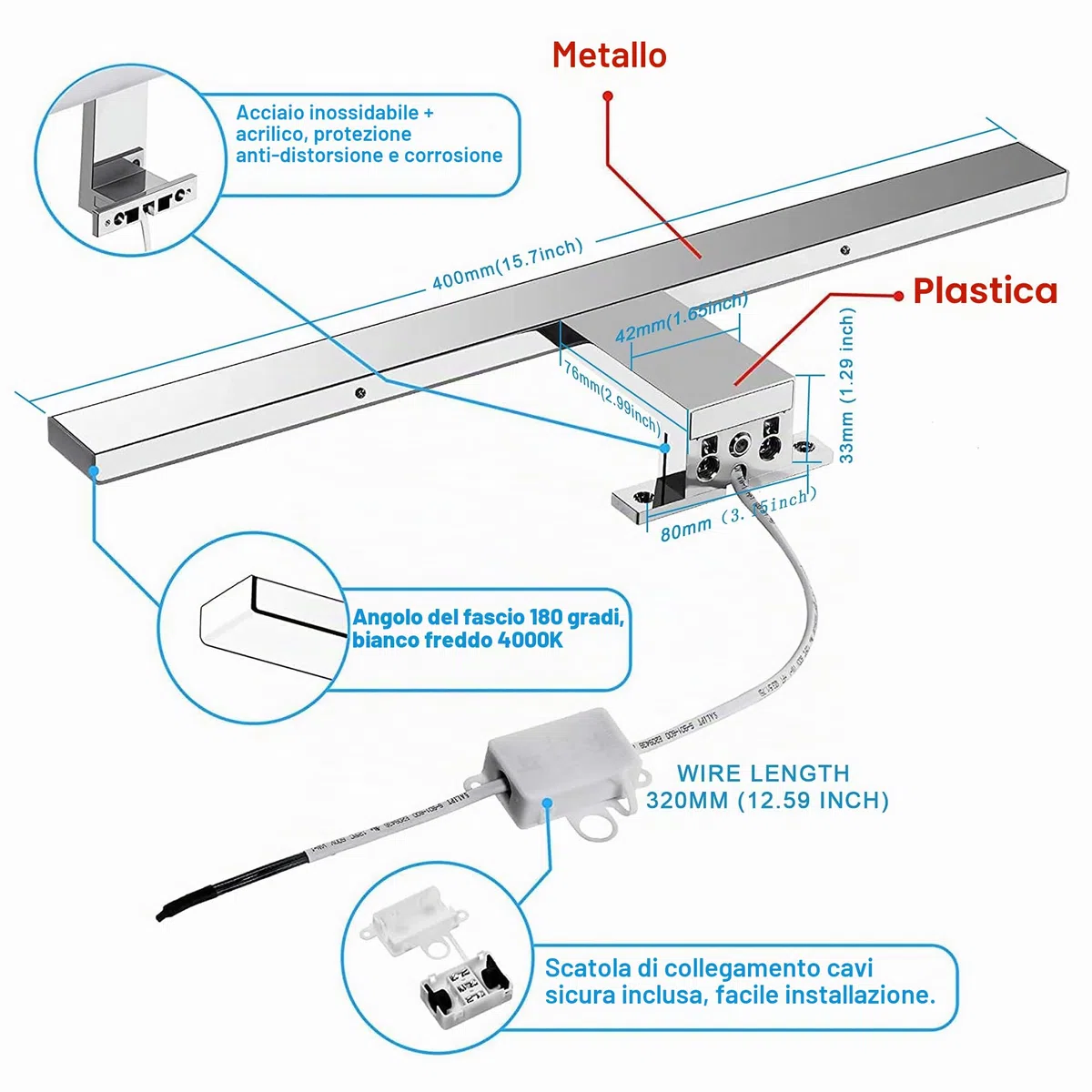 Lampada da Specchio a LED per Bagno,10W,820LM,40cm,Bianco Neutro,4000K,Montaggio 3 in 1,IP44,230V,400mm,Senza Tremolio,Lampada da Specchio per Armadio da Bagno