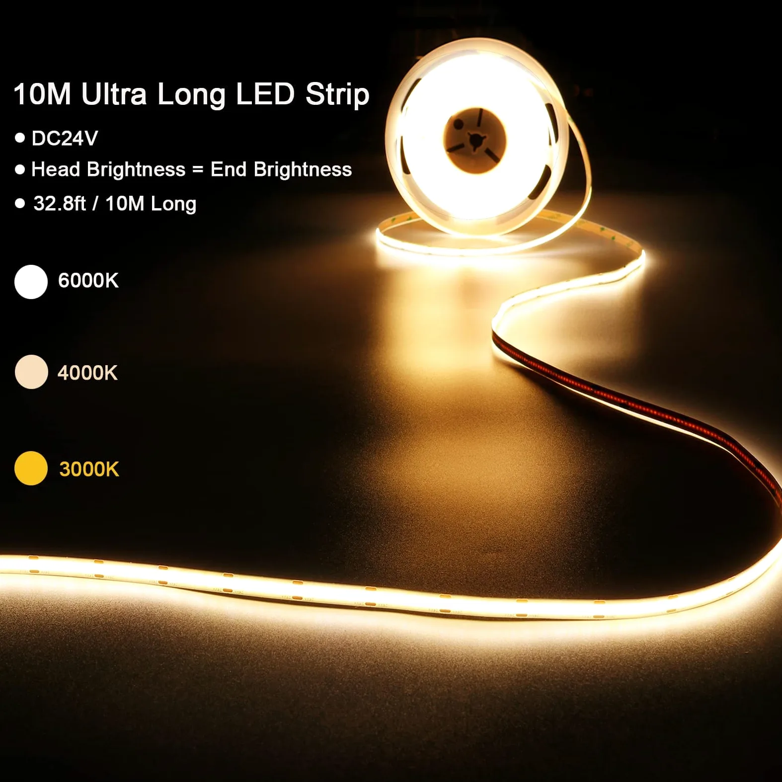 GOMING 24V 10M COB Striscia LED Bianco Freddo 6000K CRI 93+ Alta Densità 312LED/M 6300lm Non Impermeabile IP20 Flessibile Luci LED per Soggiorno Bar(Senza Alimentazione)