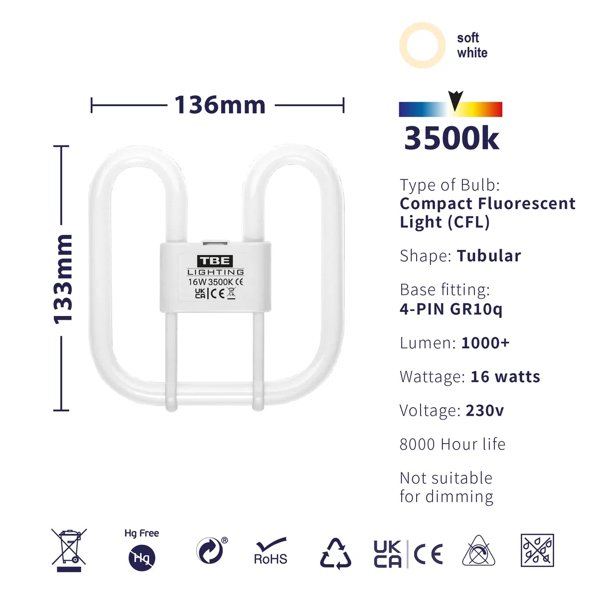 TBE Lighting, Lampadine CFL a risparmio energetico, 16 W 2D, 4 pin, lampadine fluorescenti DD, attacco GR10q da 4 pin, a lunga durata, colore: bianco freddo, 3500 K, Vetro, Confezione da 4, GR10q