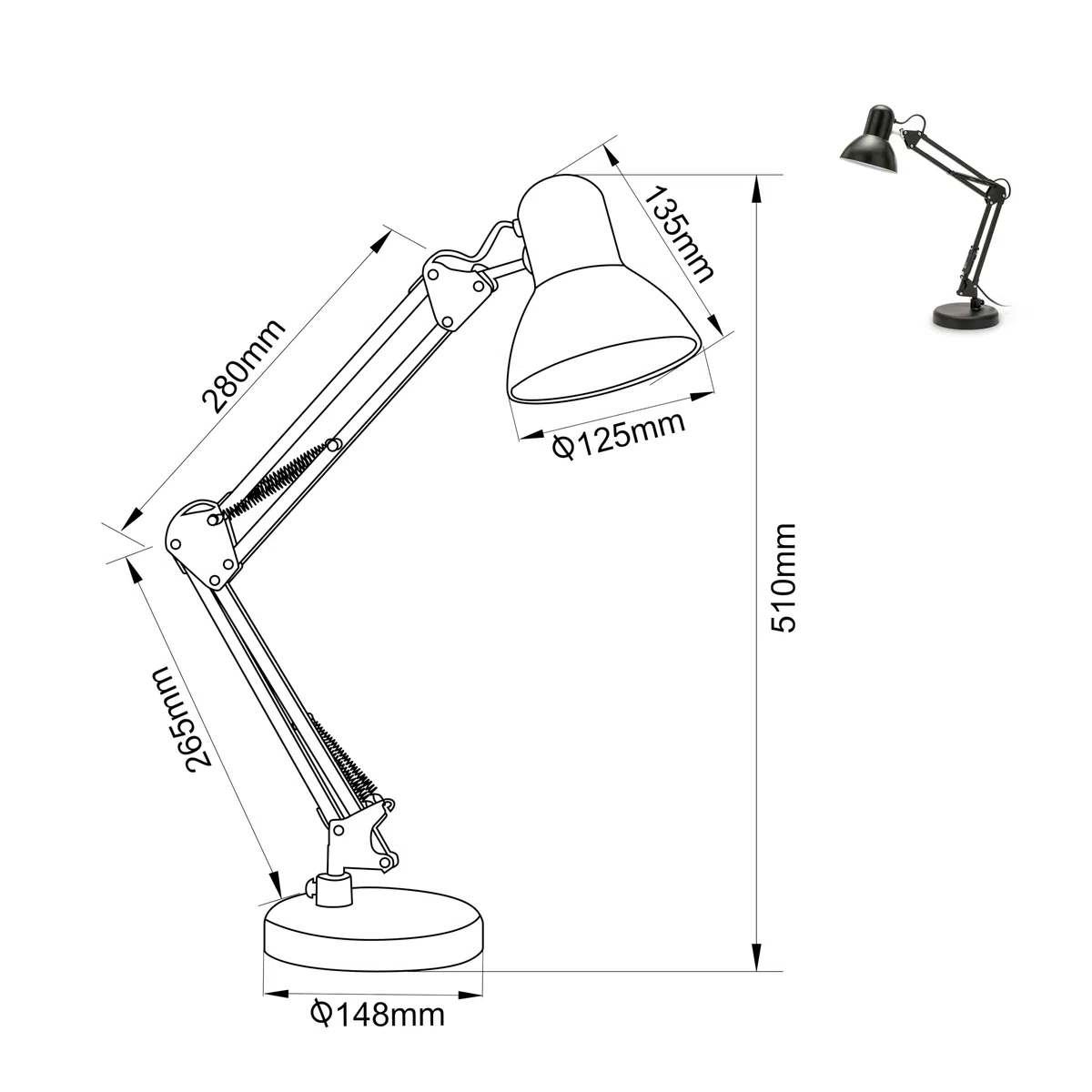 VELAMP - Lampada da Tavolo con Braccio Regolabile Charleston XL, Lampada da Scrivania Design Moderno, Abat Jour da Comodino per Lettura con Pinza da Tavolo - Attacco Lampadina E27, Cavo 150cm - Nera