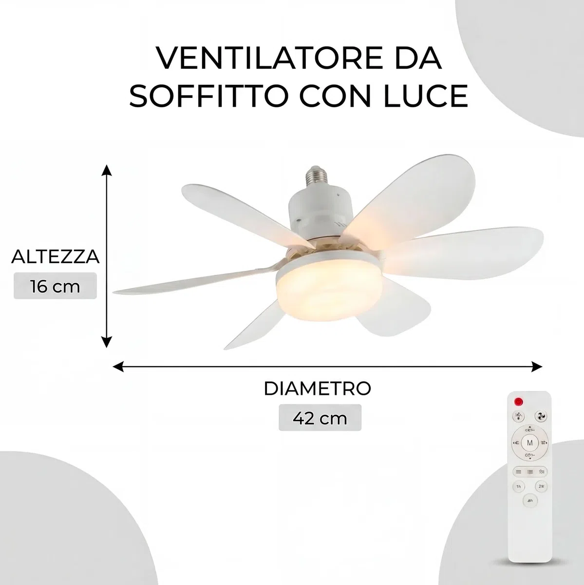 Ventilatore da Soffitto con Luce LED E27 e Telecomando, Ventilatore Lampadario 42 cm con 3 Velocità e 3 Colori di Luce, Ventilatore da Soffitto Silenzioso con Attacco E27 Universale per Camera, Cucina