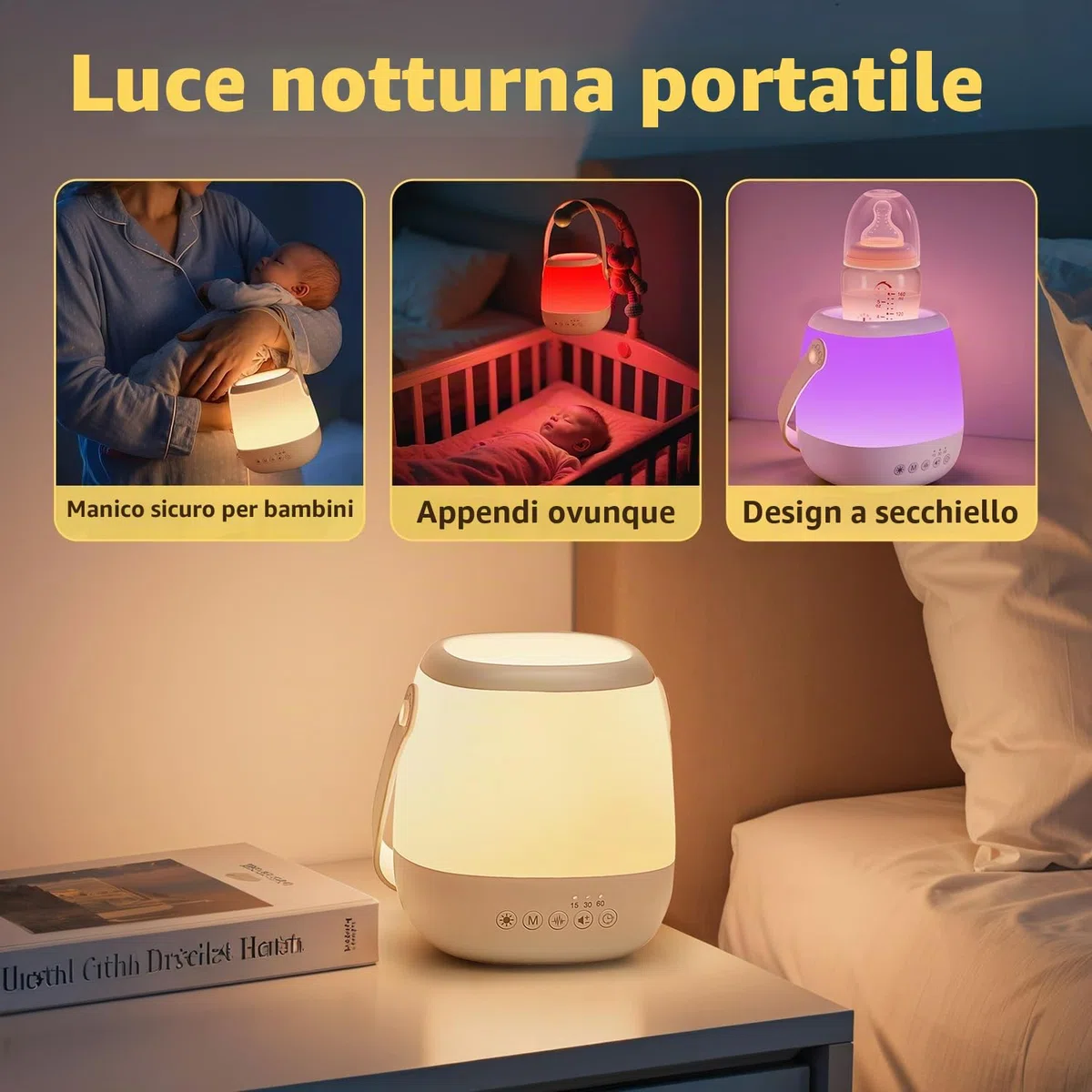 One Fire Lampada da Comodino, 16 Colori 5 Luminosità Luce Notturna Neonato,16 Rumore Bianco 6 Lullaby Lampade da Comodino, Telecomando Timer Lampada Notturna Bambini,USB Ricaricabile Lampada Comodino