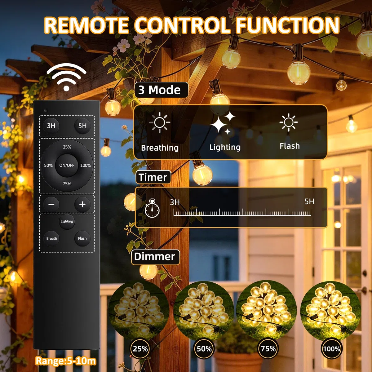 20M Catena Luminosa Esterno con Telecomando, con 25+2 LED G40 Lampadine, Bianco Caldo, 3 Modalità/Impermeabile/Tempistica/Dimmerabile, Luci Giardino Catena per Giardino, Cortile, Patio, Campeggio