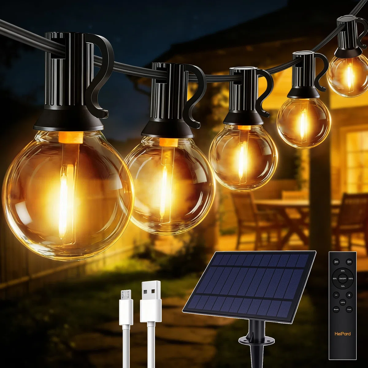 HeiPard Catena luminosa a LED Solare per Esterni, 10m, 16 + 1 G40, Dimmerabile, 3 Modalità, Telecomando per esterni, Resistente alle Intemperie, Luce Bianca Calda, Impermeabile, per giardino, balcone