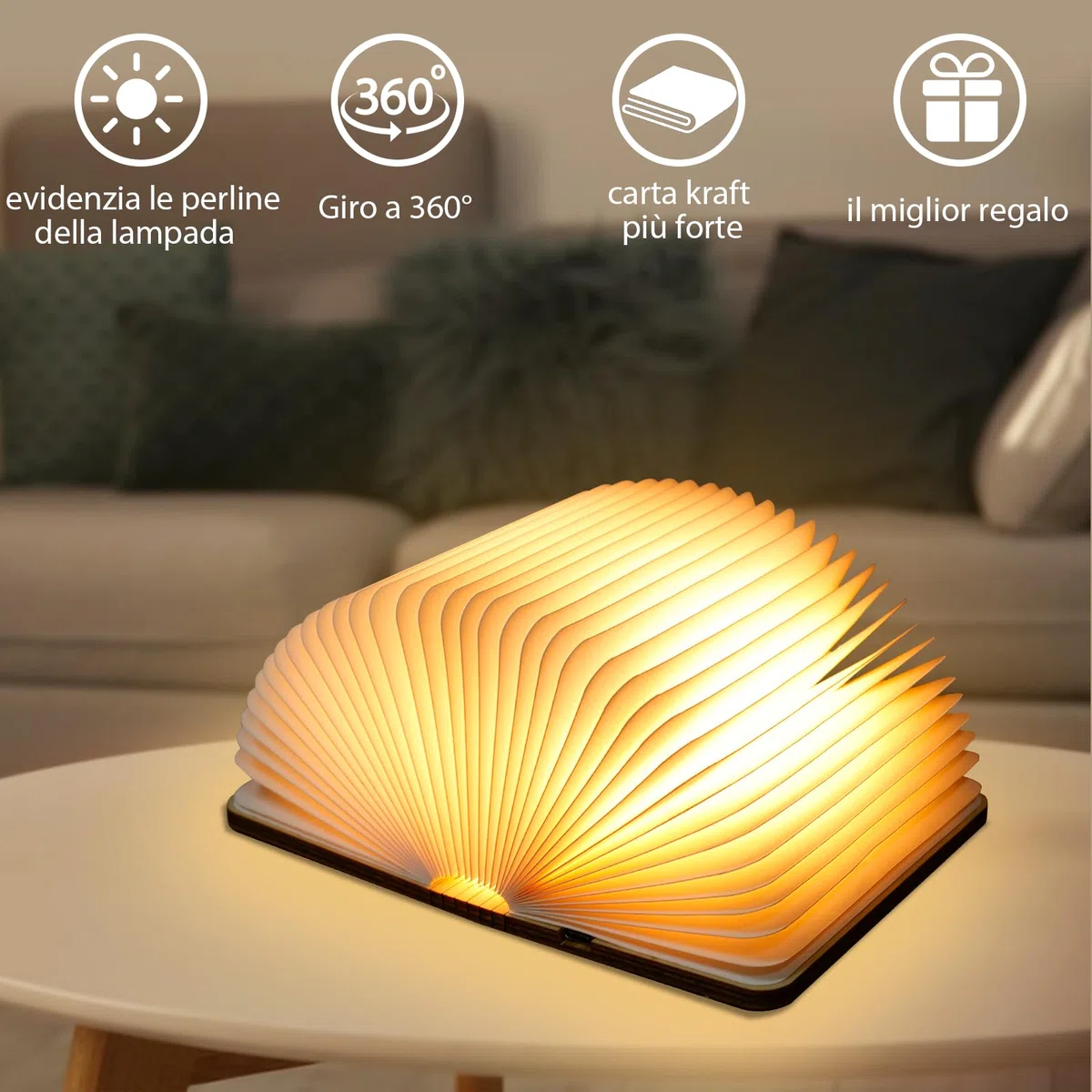 TRUMPETS Lampada Libro Led Pieghevole in Legno Mood Lights, Luci notturne 2500mAh Ricarica USB-C, Idea Regalo Originale Compleanno e Natale (12cm | Bianco caldo)