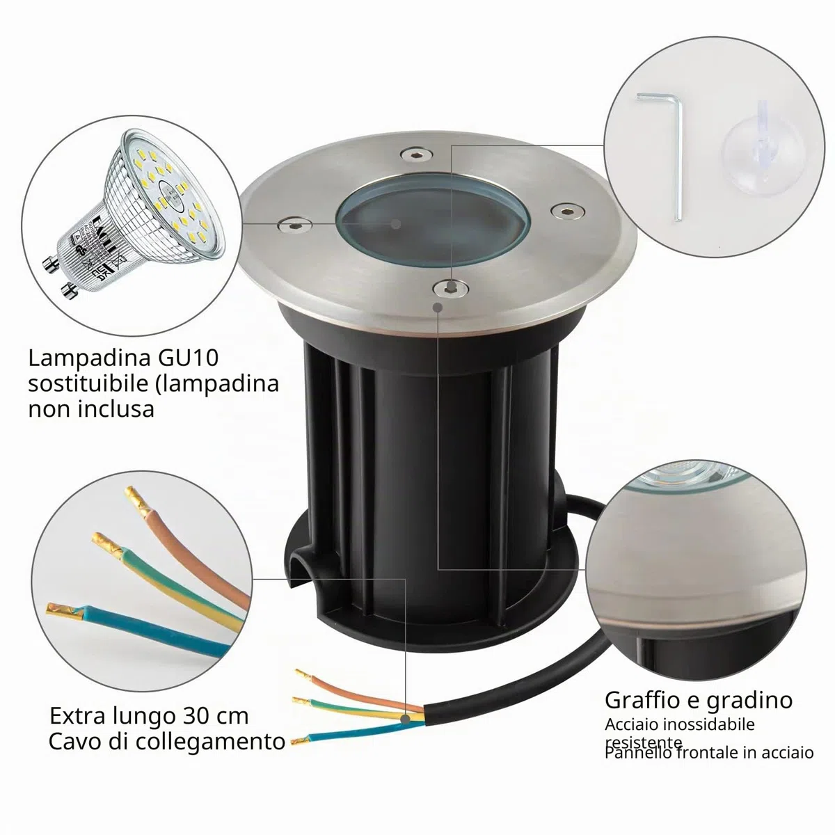 Faretto da incasso a LED IP67 attacco GU10 faretti led esterno, 230V Faretti da Pavimento rotonde Luci da incasso calpestabile da Segnapasso esterno terra, 30cm cavo preinstallato, Ø11x12cm