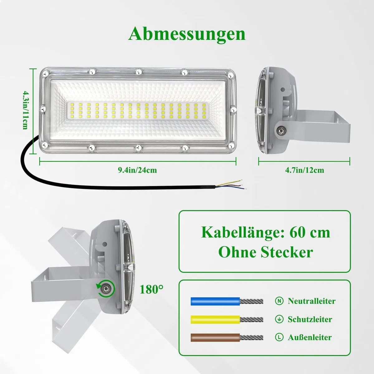 Faretto LED da 50 W, per esterni, 7000 lm, al crepuscolo fino all'alba, 6500 K, luce bianca fredda, con sensore crepuscolare, IP67, impermeabile, regolabile, 180° per giardino, cortile