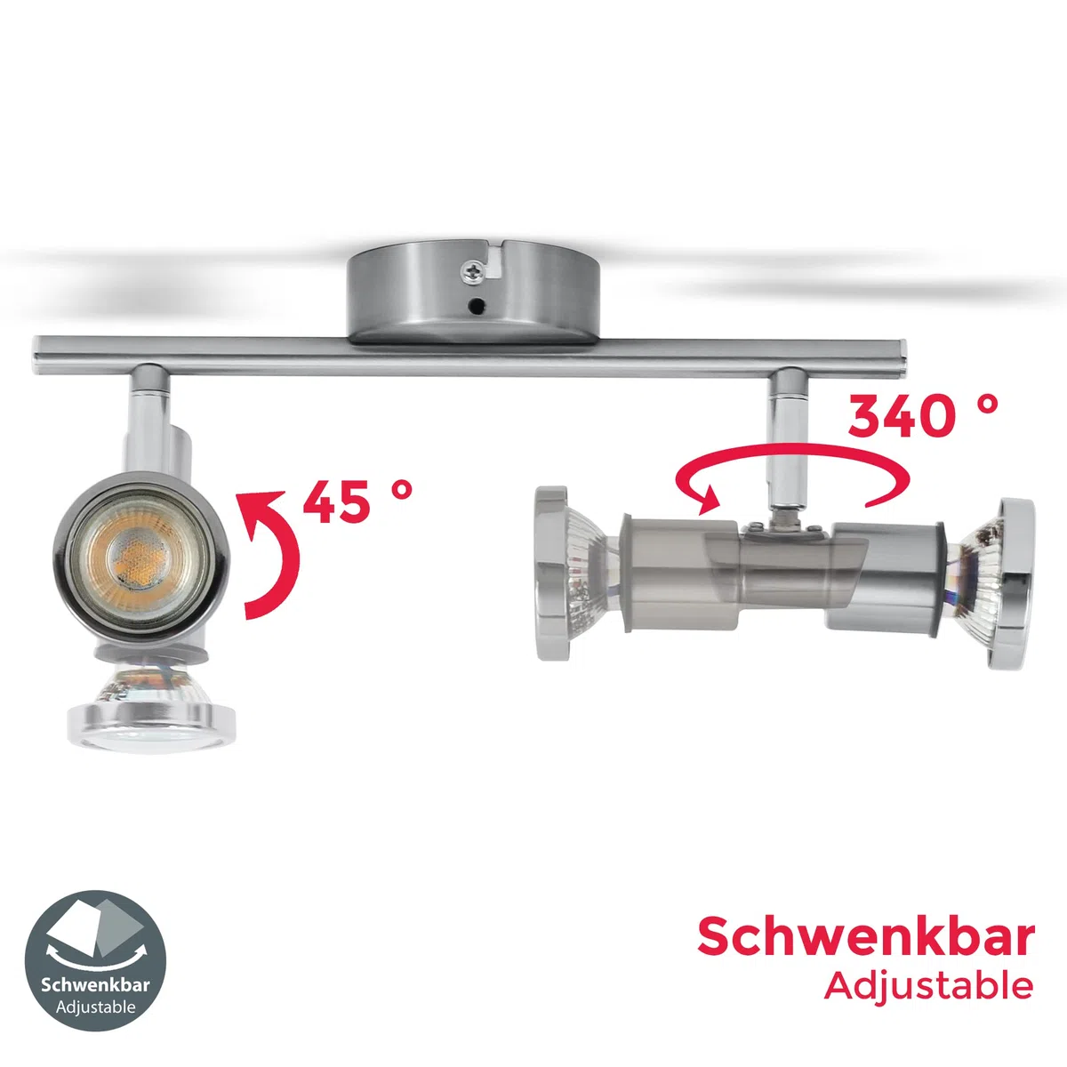 B.K.Licht Faretti LED orientabili, Lampadario bagno resistente agli schizzi d'acqua IP44, include 2 lampadine GU10 5W 400Lm, Plafoniera da soffitto metallo color nickel opaco, luce calda 3000K, 230V