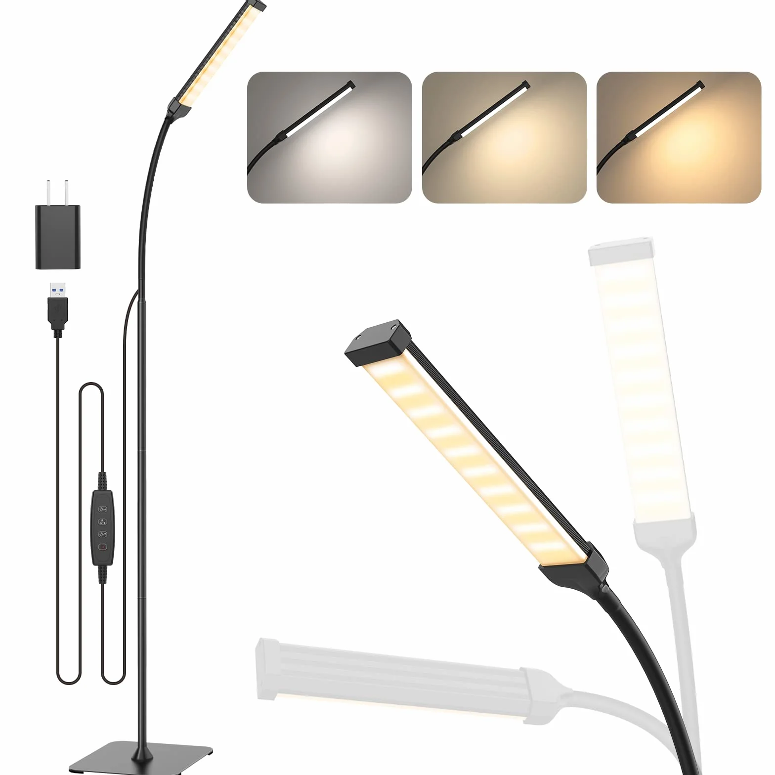 iFalarila Lampada da Terra 120 LED 10W, Piantana con 3 di Colore e 10 Luminosità, Lampada a Stelo Flessibile a Collo d'oca per Soggiorno, Camera da Letto, Ufficio(Nero)