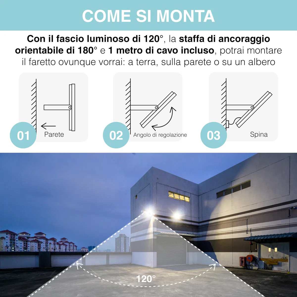 F&V PRODUCTS Faretto LED da Esterno 100W, Cavo 1 M, Luce Bianca Fredda 6500K, 10000 LUMEN, IP66, IK08, Alluminio e Vetro Temperato, Faro LED 220V per Illuminazione Esterna, Giardino, Garage, Facciate
