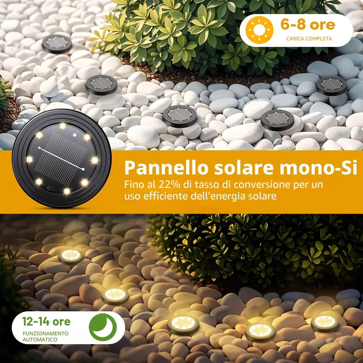 NIBSHOOM 8 Pezzi Luci Solari da Giardino, IP68 Impermeabili Faretti Solari a Led da Esterno, 8 LED Lampade a Lunga Durata, Luci Esterno per Giardino, Terrazze (Bianca Calda)