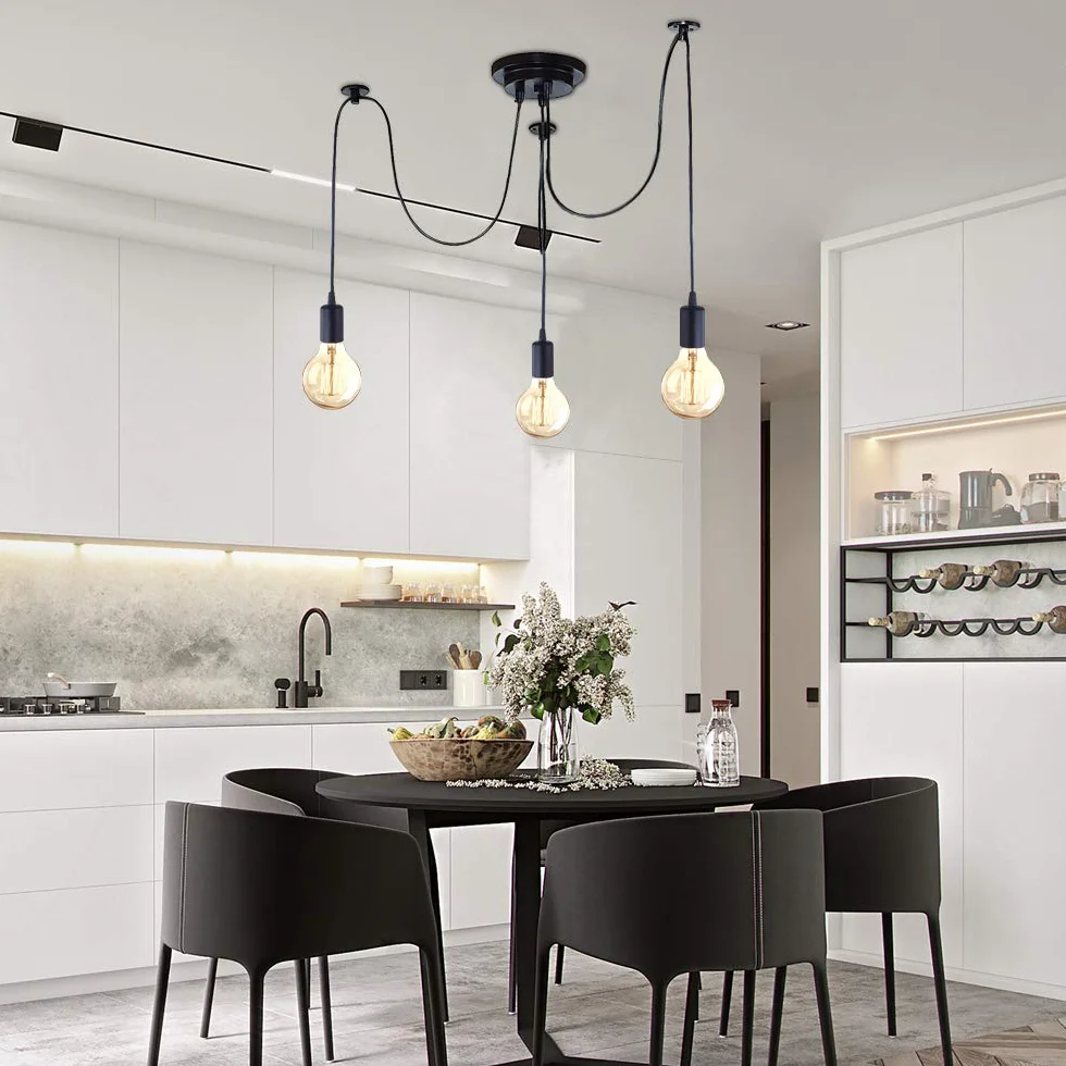 iDEGU Lampadario a Sospensione, Retrò Industriale Lampada da Soffitto con 3 Bracci a Stile Ragno Creativo DIY Lampada a Sospensione Vintage con Attacco E27 per Soggiorno Camera da Letto, 150CM, Nero