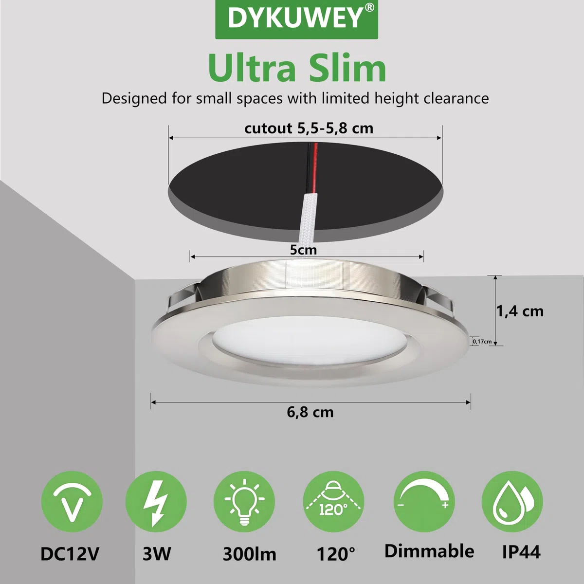 Set di 4 Faretti led da incasso per cartongesso,12V 3W faretti led soffitto,Faretto LED foro 55mm ultrasottile14mm,IP44 faretto da incasso per cucina bagno,camper (Nichel,bianco Caldo 3000K)