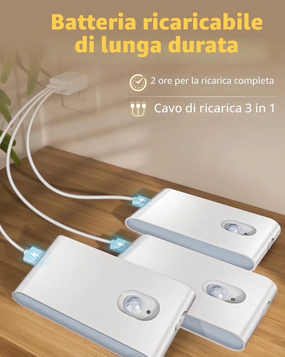 WILLED Luce Notturna, 4 Pezzi Lampada Notturna Sensore Movimento, Caricabile USB Luce Notturna Bambini con 3 Modalità (Auto/ON/OFF), per Scale, Camere da Letto, Cucina, Corridoio e Bagno