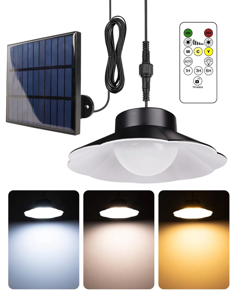 Lampada Solare Sospesa da Esterno, Lampade Solari Pendenti per Esterni, 3 Temperature di Colore con Timer, Telecomando, Regolazione della Luminosità, Impermeabile IP65, Lampade Solari Pendenti