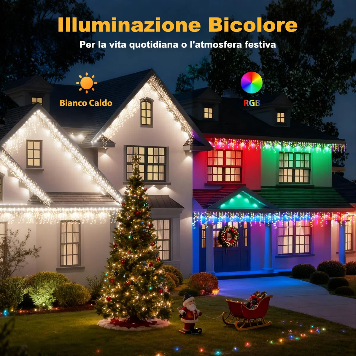 Luci Natale da Esterno Cascata, Luci Natale Esterno Bianco Caldo e RGB, Tenda Luci Natale Esterno con APP e Telecomando, 17 Modalità, 4 Luminosità, Timer, Decorazioni Natale Esterno(15M-600L,C/RGB)