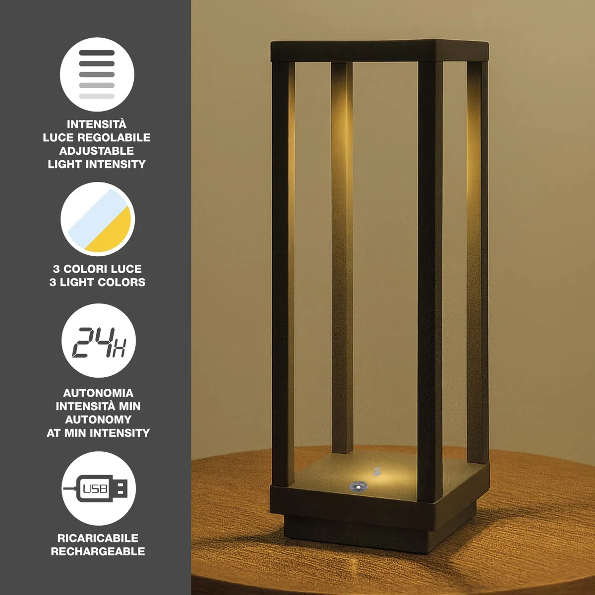BEPER P207ILI103 Lanterna LED Ricaricabile, Lampada da Tavolo Dimmerabile 3 Luci (Calda, Naturale, Fredda), Autonomia 24h, USB, IP44 per Interno ed Esterno