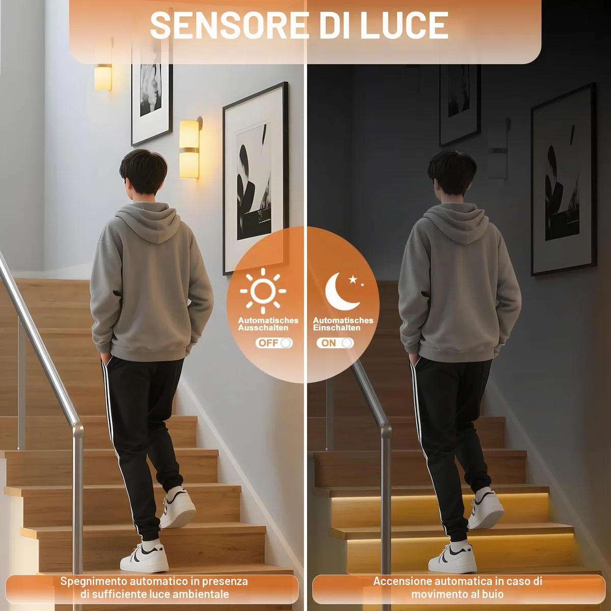Illuminazione intelligente per scale, 20 livelli, luce bianca calda, 3000 K, LED COB con sensore di movimento e sensore di luce, sistema di illuminazione intelligente per interni, automatico e a