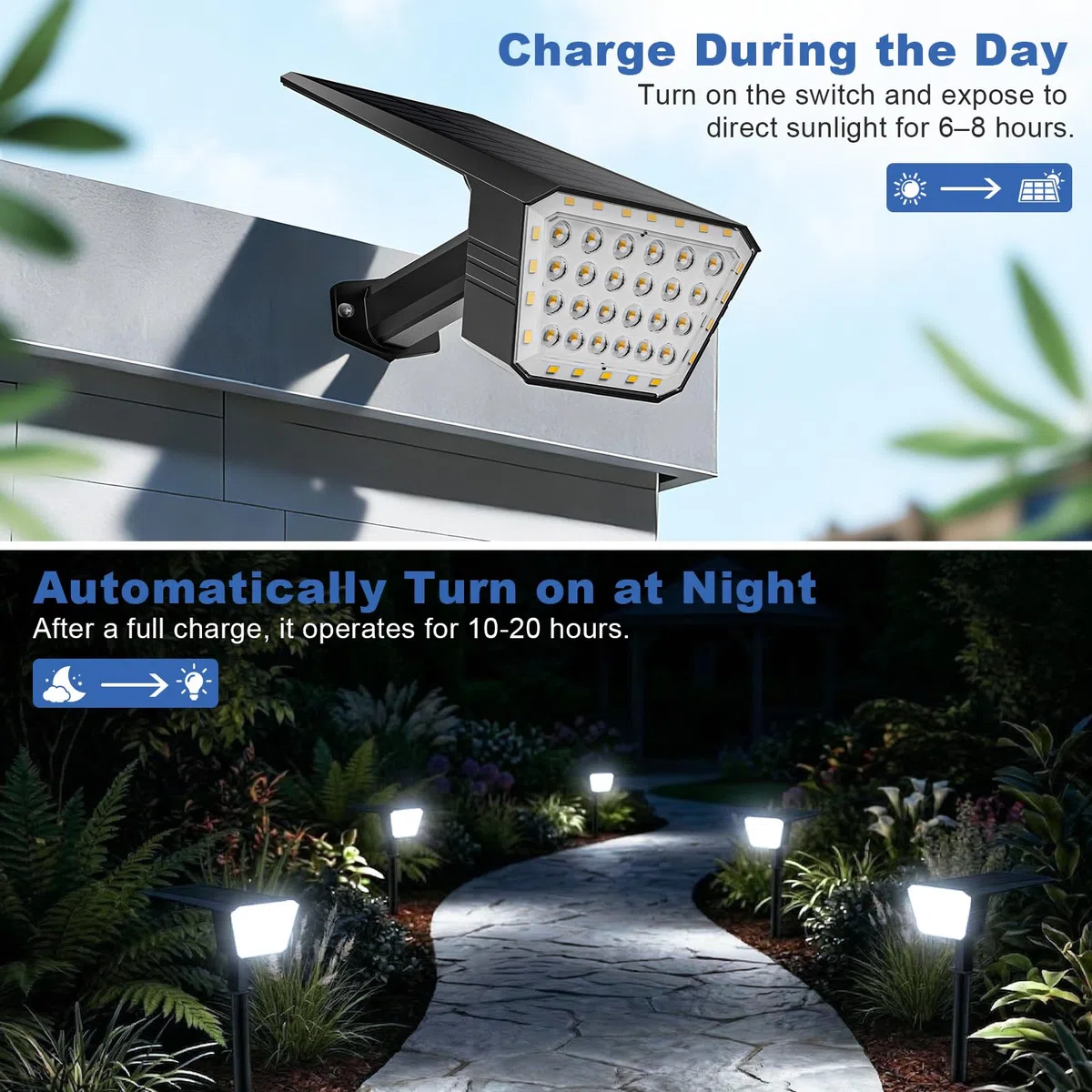 FIFlying Faretti Solari da Esterno 4 Pezzi, 44 LED Faretti Solari a LED da Esterno, 3 Modalità IP67 Impermeabile Lampade da Giardino per Cortile, Patio, Vialetto, Alberi - Bianco Freddo