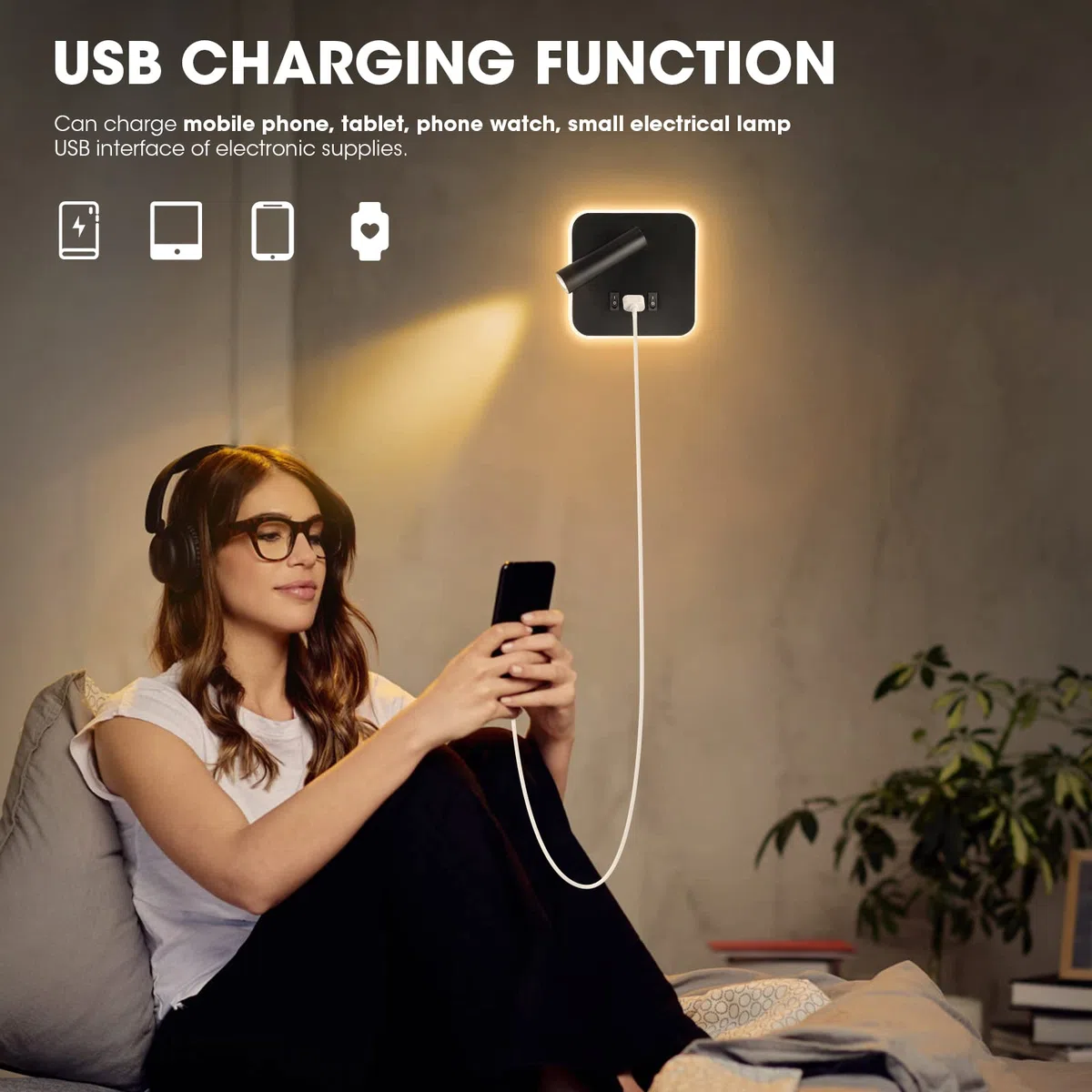 Applique da Parete da Lettura sul Comodino 3W + 9W 3000K, Lampada da Parete a LED con Porta di Ricarica USB e Interruttore, Faretto Regolabile per Camera da Letto Scale Salotti Hotel(quadrato 1 nero)