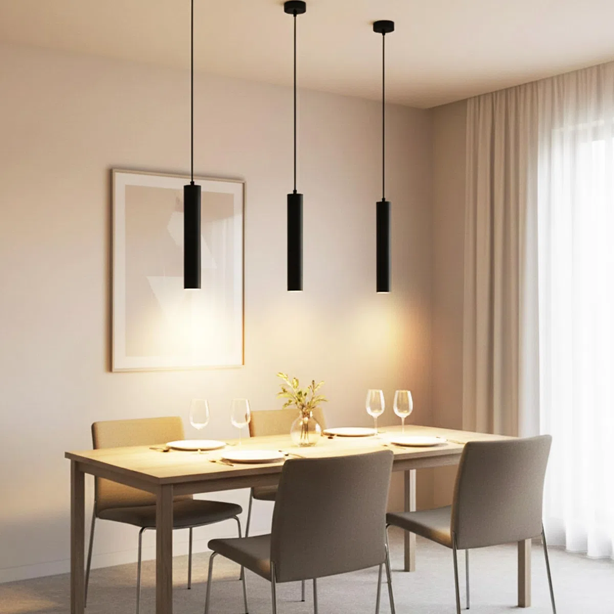 Lampada a Sospensione Cilindro GU10 5W Bianco Caldo, Comodino Camera da Letto, Moderna per Cucina Soggiorno Ristorante, Nero, 30cm, 1 Pezzo