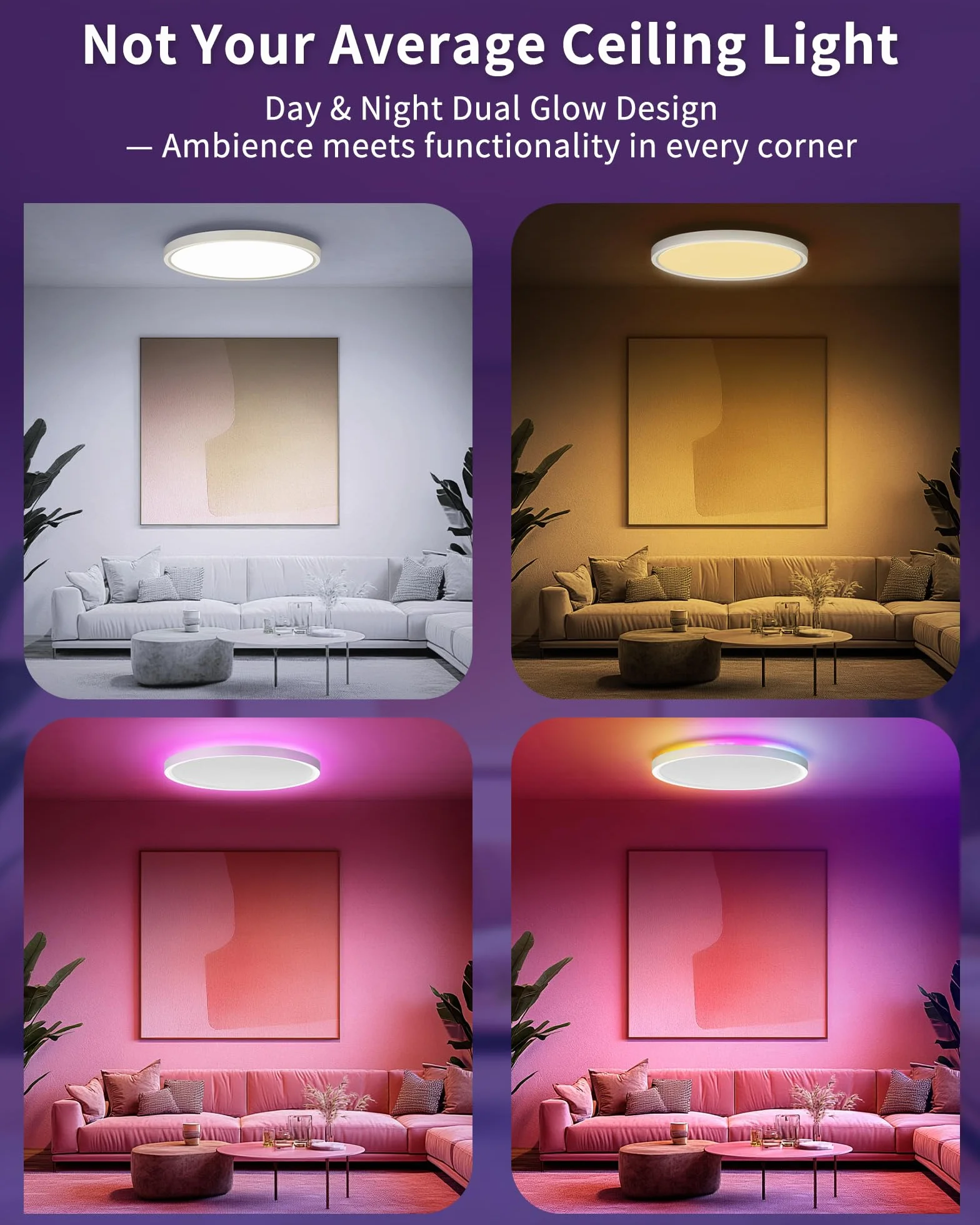 Plafoniera LED Smart Dimmerabile 24W con Telecomando e Controllo WiFi – Lampada da Soffitto Ultra Sottile con Retroilluminazione RGB, Alexa e Google Assistant, per Soggiorno e Camera