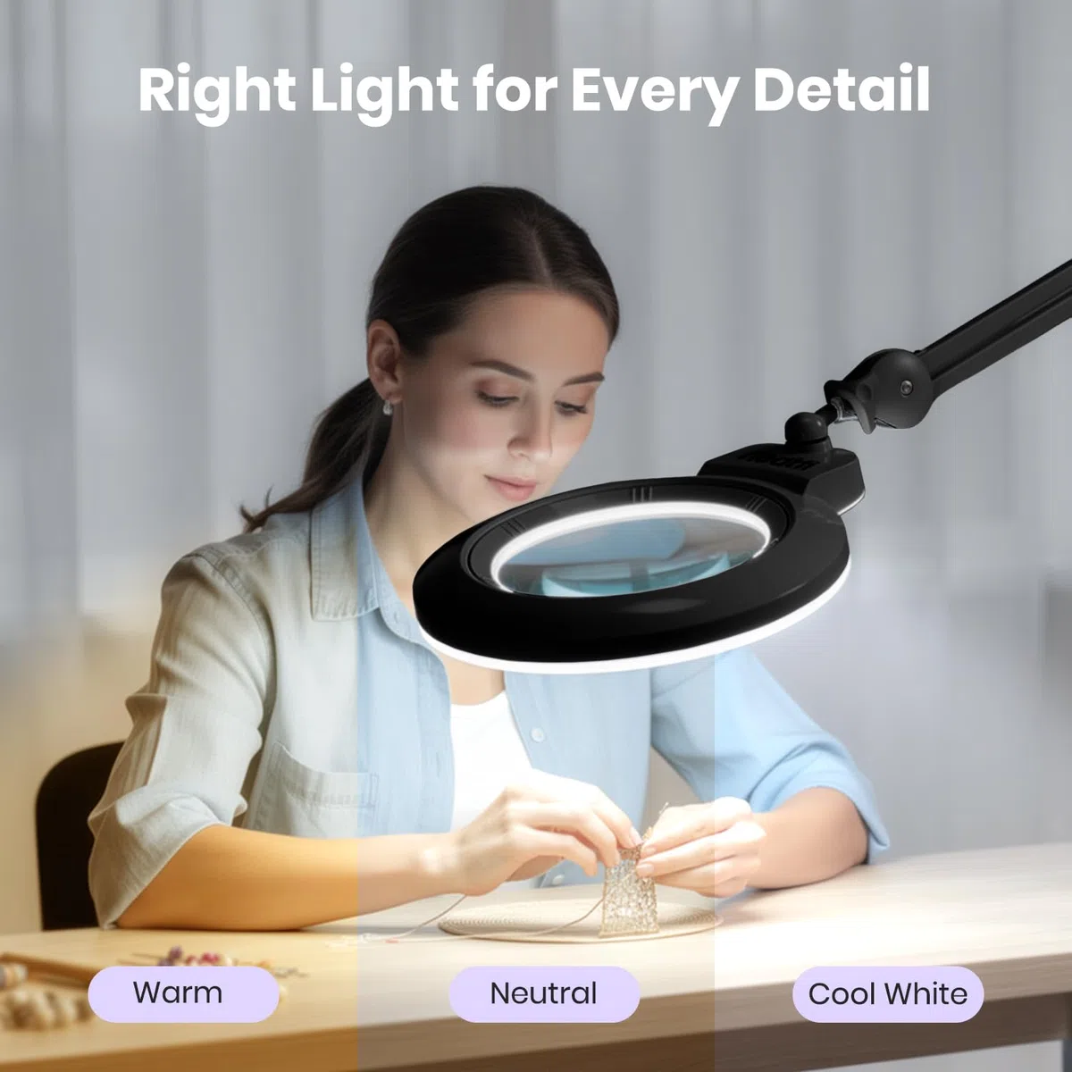 Neatfi XL bifocale Lampada d’ingrandimento LED, dimmerabile | 3 modalità di illuminazione, braccio regolabile e morsetto di fissaggio (Lente da 13 cm)